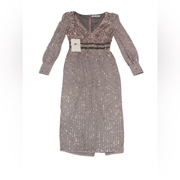 🆕 NWT MAC DUGGAL lilac SEQUINED V NECK BISHOP long SLEEVE mini DRESS 93593 sz 4 - Picture 1 of 11